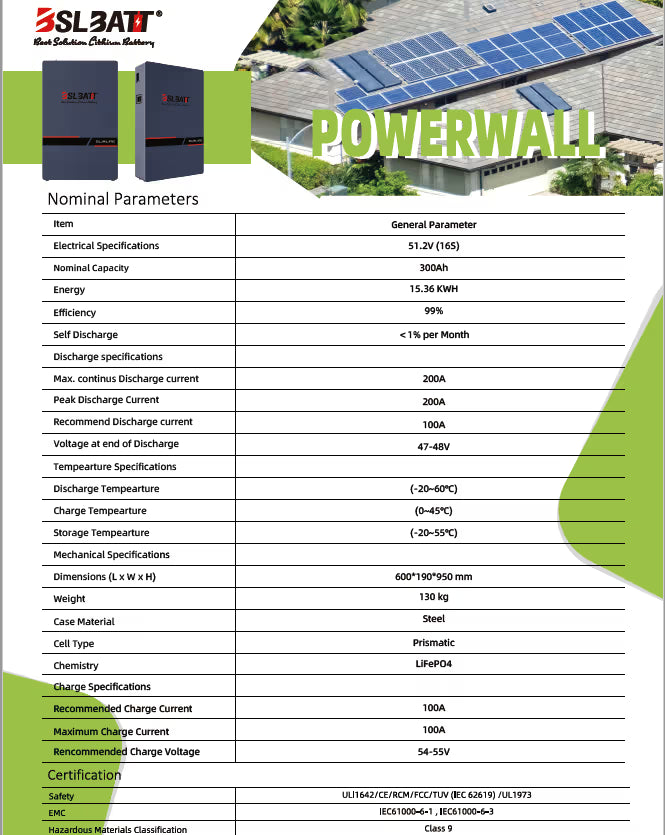 BSL Battery 51.2V - Slimline 300a/h (15.36kWh)
